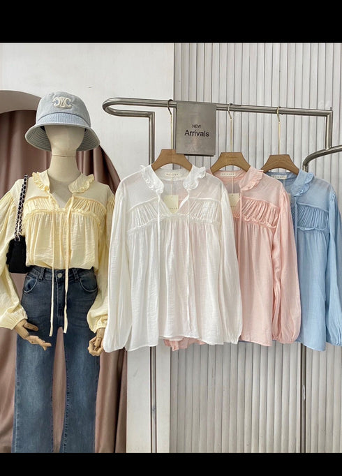 Summer Casual Lantern Sleeves Collar Tie String Tops